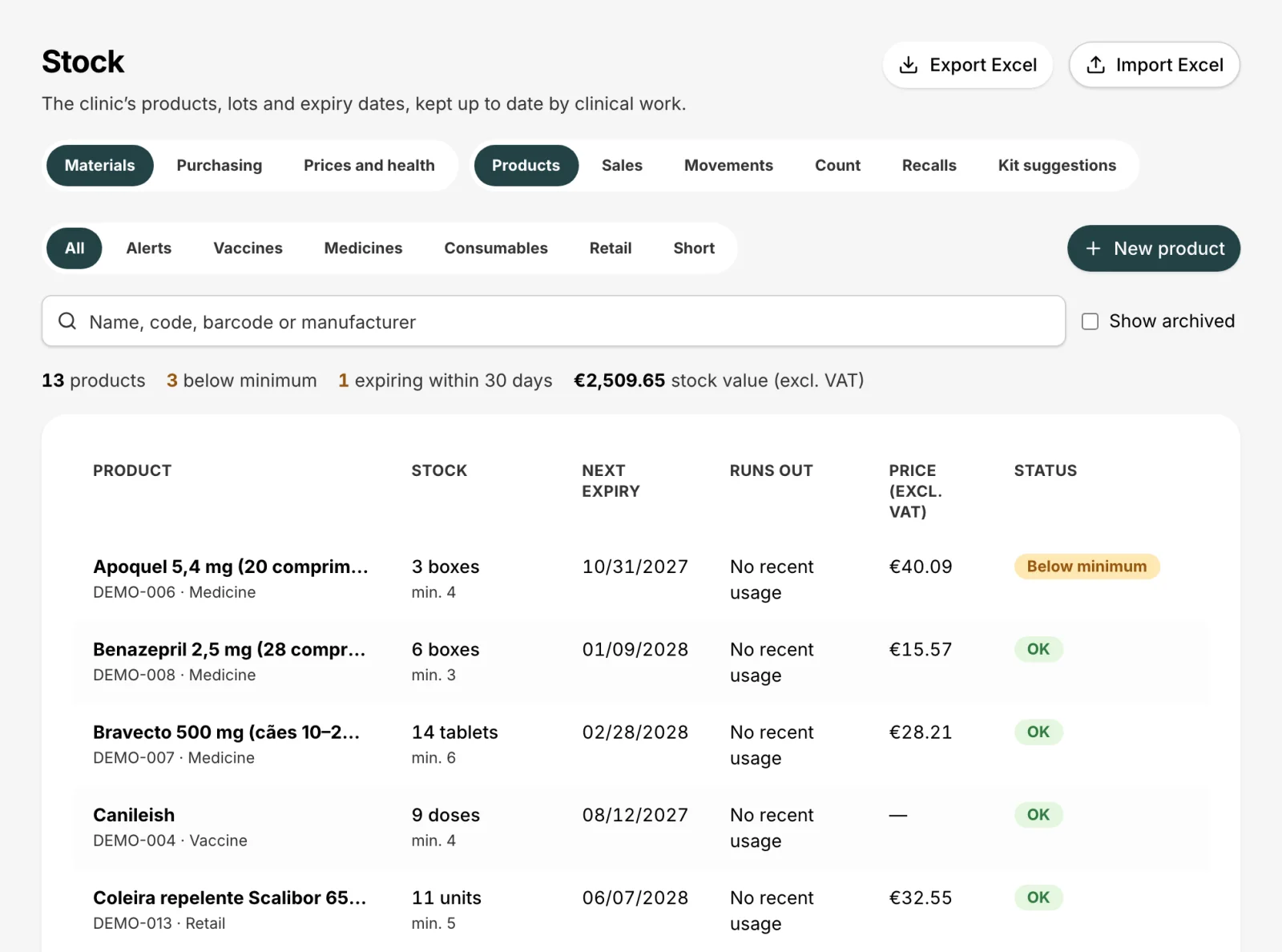 Stock list with alerts
