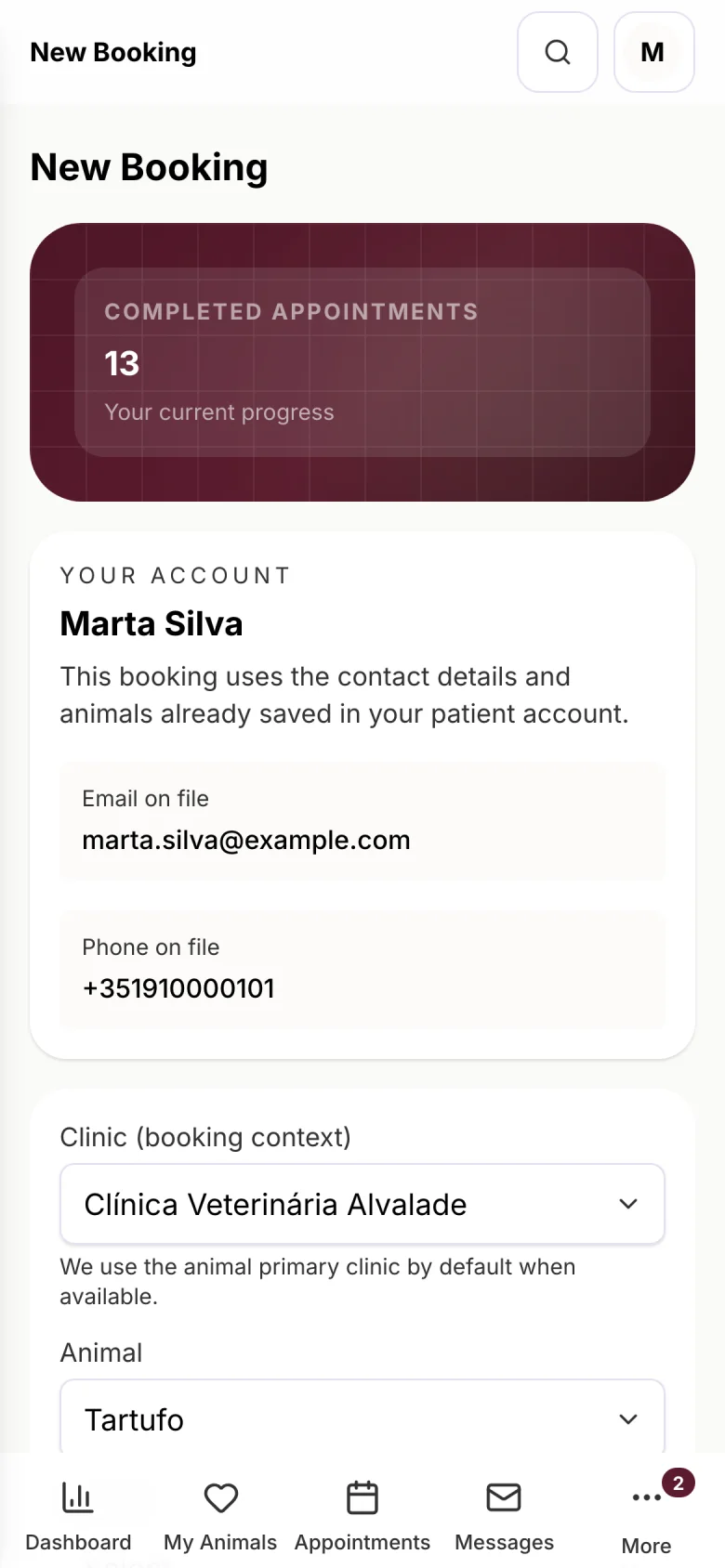 Owner area on a phone: next visit, animals and vaccines