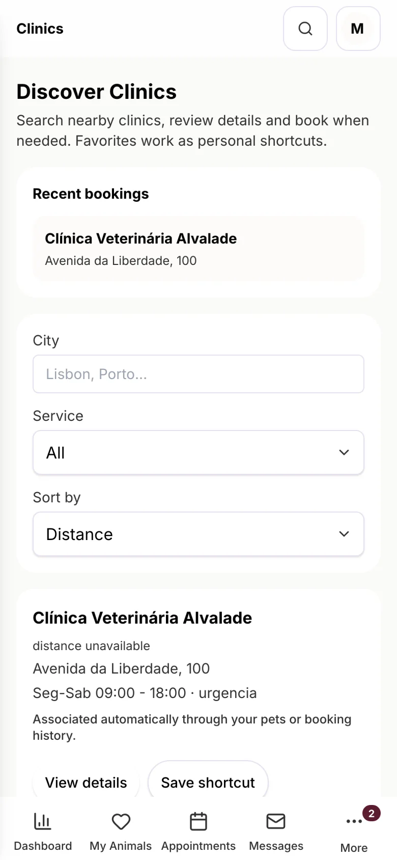 Owner area on a phone: next visit, animals and vaccines