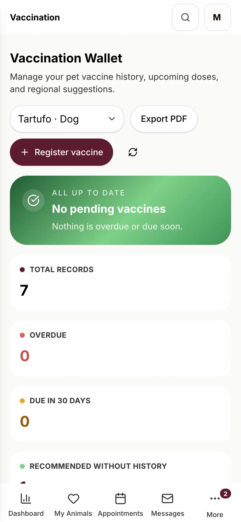Owner area on a phone: next visit, animals and vaccines
