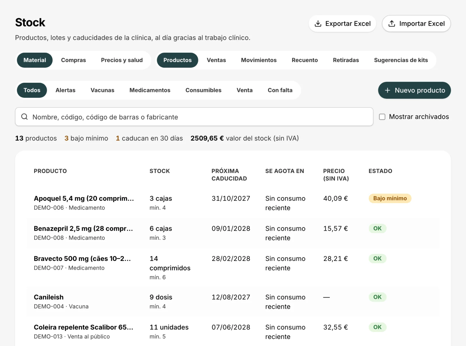 Lista de stock con alertas