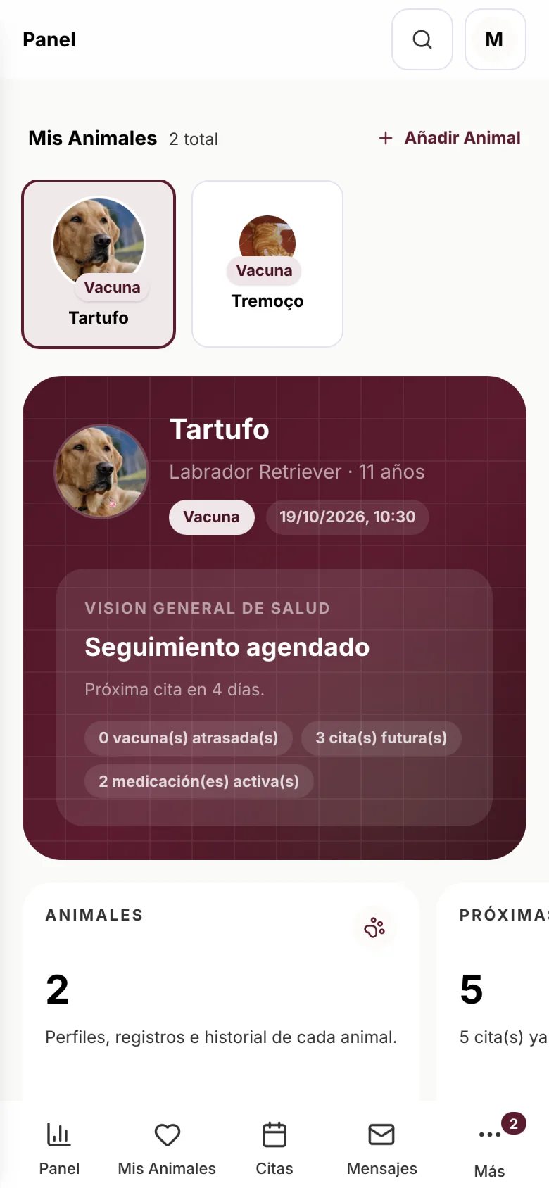 Área del tutor en el móvil: próxima cita, animales y vacunas