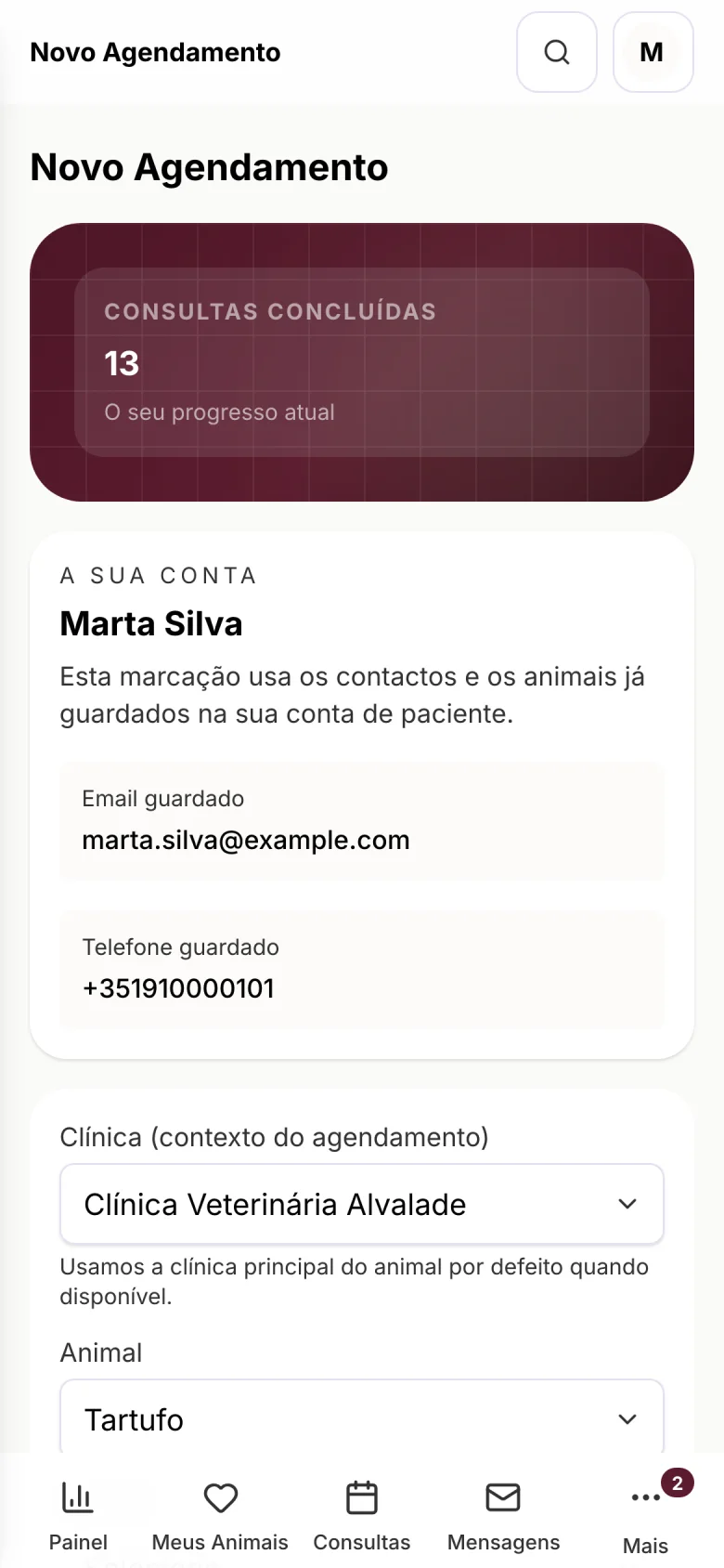 Área do tutor no telemóvel: próxima consulta, animais e vacinas