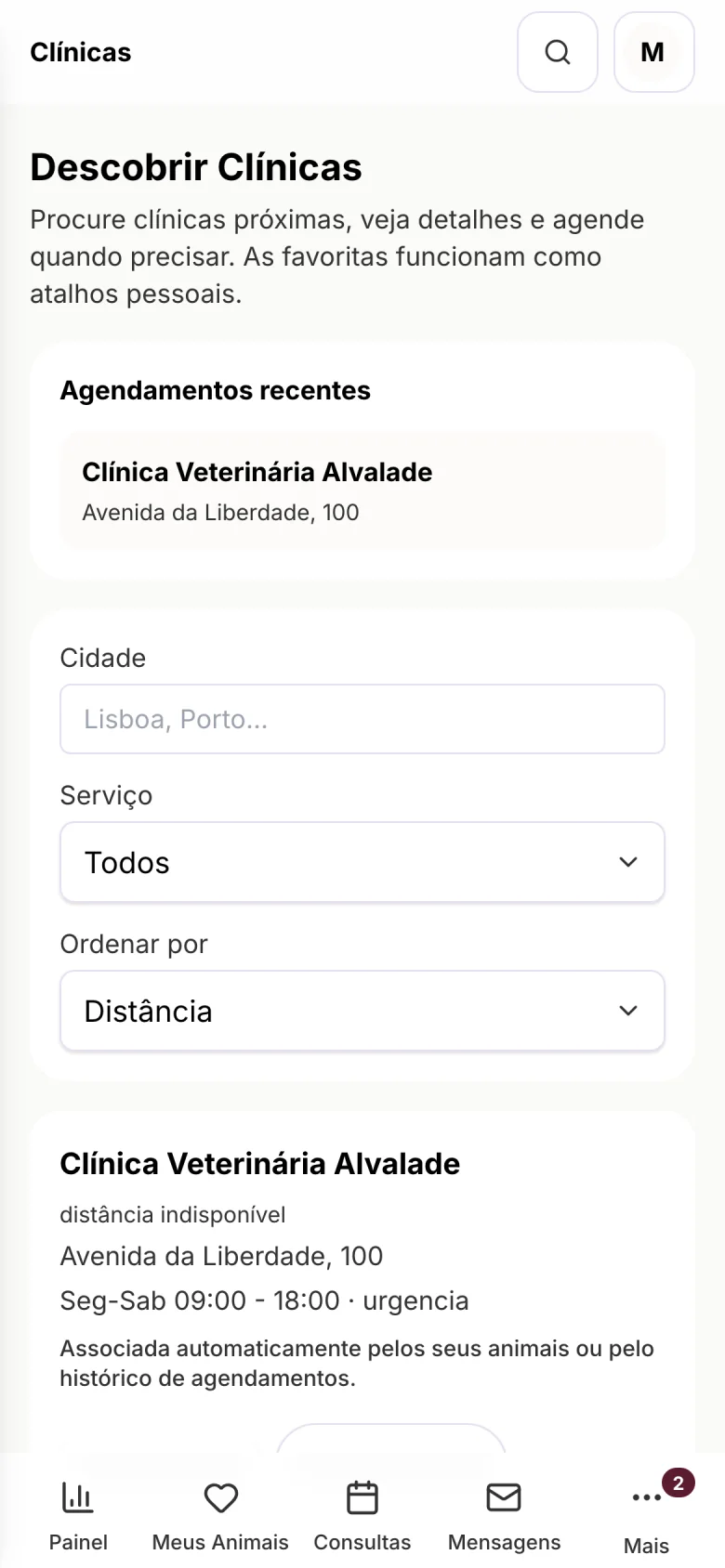 Área do tutor no telemóvel: próxima consulta, animais e vacinas