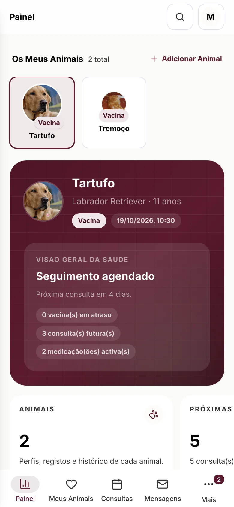 Área do tutor no telemóvel